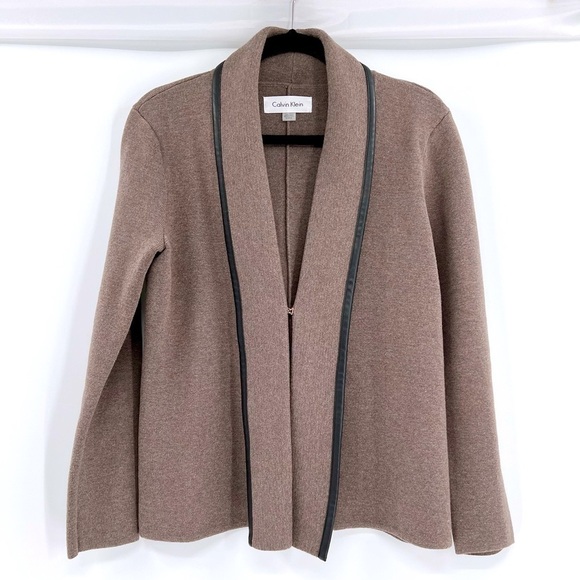 Calvin Klein Women's sz M Taupe/Black Open Front Knit Cardigan Faux Leather Trim - Picture 12 of 13